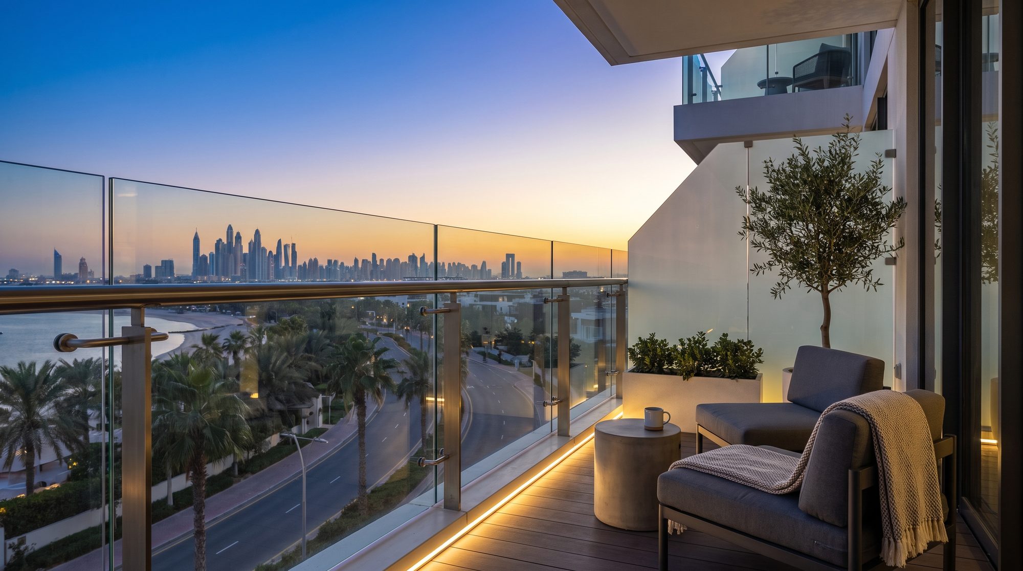 Balcony above the bay at blue hour