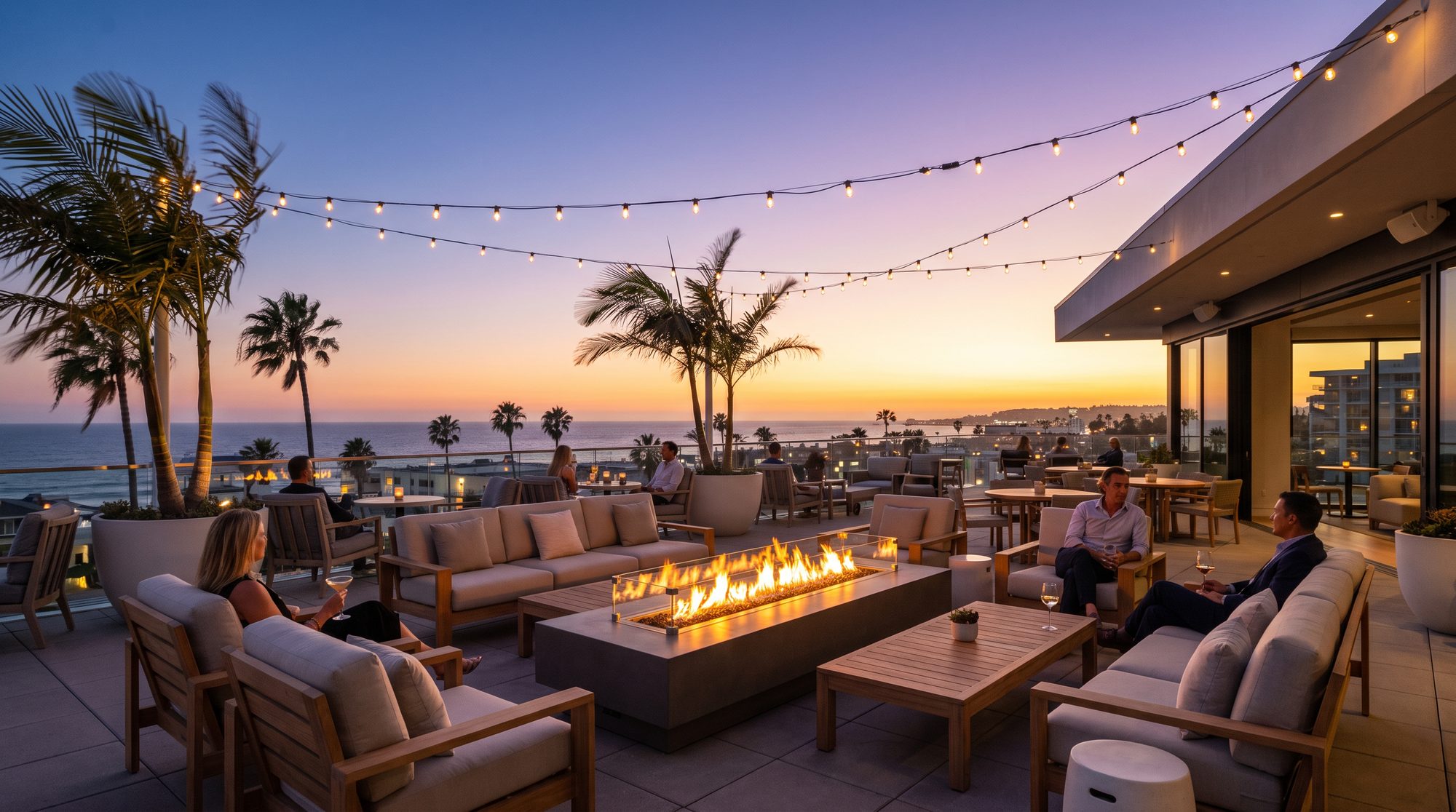 Rooftop lounge with fire table at sunset