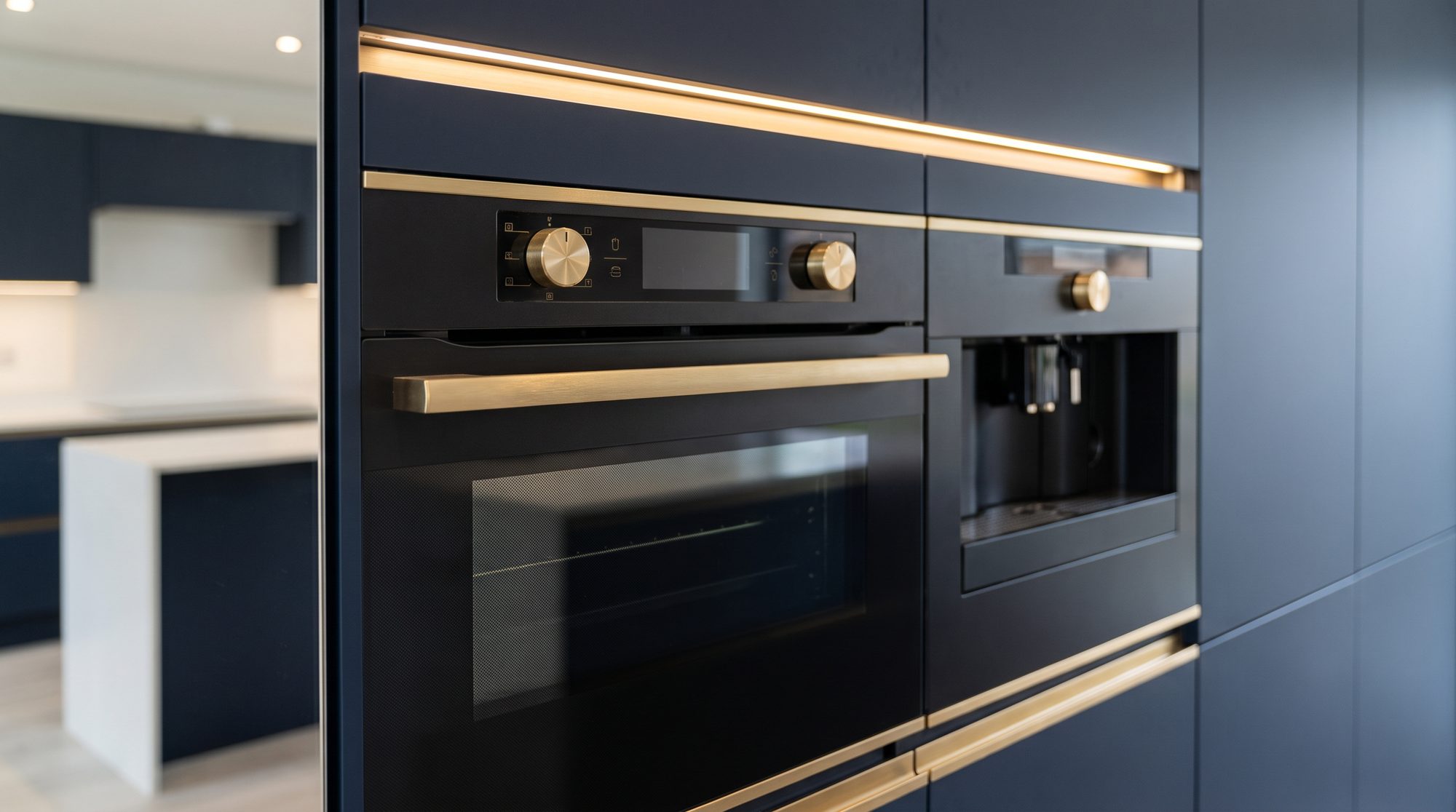 Navy kitchen with brass detailing