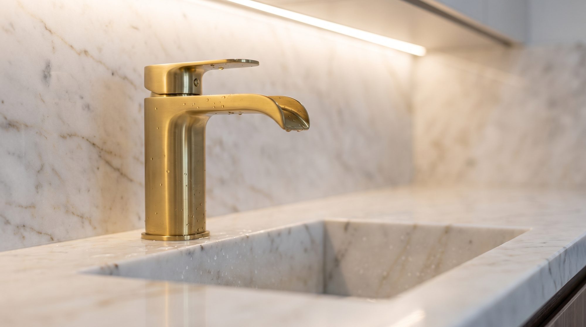 Unlacquered brass tap on marble