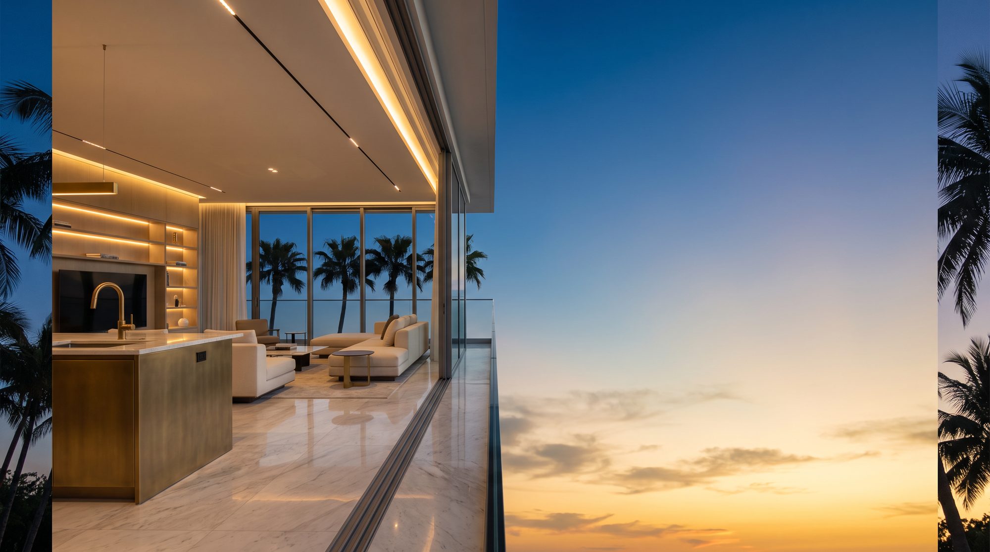 Terrace open to the Pacific at dusk